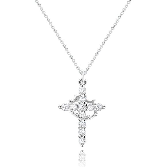 Diamond Crown Cross Necklace for Women 12 Birthstones First Communion Gift - Picture 1 of 8
